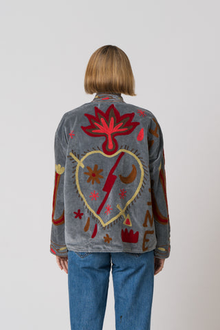 Embroidered Velvet Jacket - Grey Snake