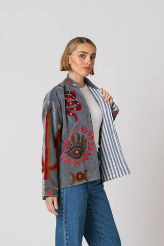 Embroidered Velvet Jacket - Grey Snake