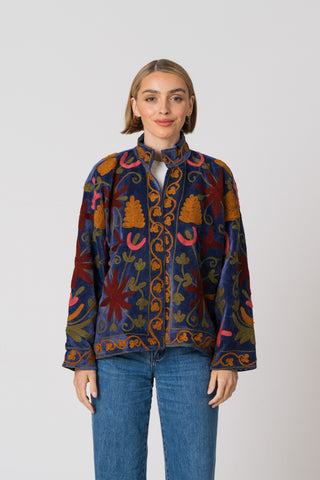 Embroidered Velvet Jacket - Blue Multi Pattern