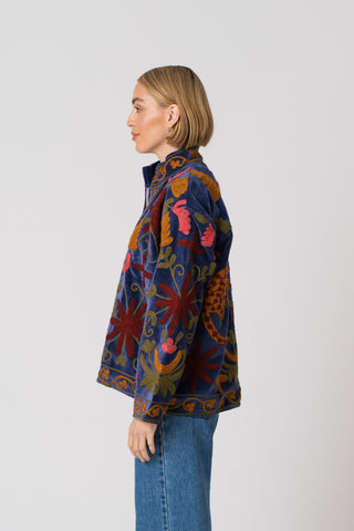 Embroidered Velvet Jacket - Blue Multi Pattern
