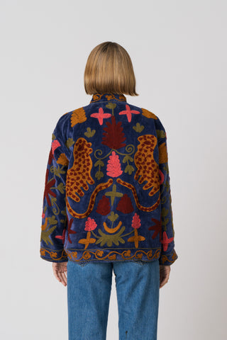 Embroidered Velvet Jacket - Blue Multi Pattern