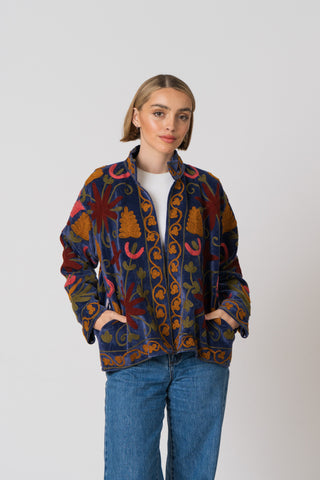 Embroidered Velvet Jacket - Blue Multi Pattern