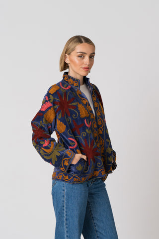 Embroidered Velvet Jacket - Blue Multi Pattern