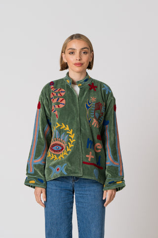 Embroidered Velvet Jacket - Green Snake