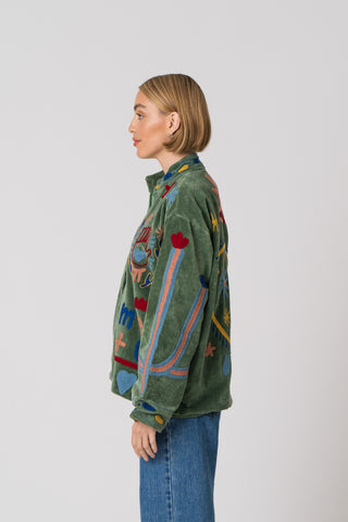 Embroidered Velvet Jacket - Green Snake