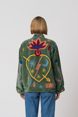 Embroidered Velvet Jacket - Green Snake