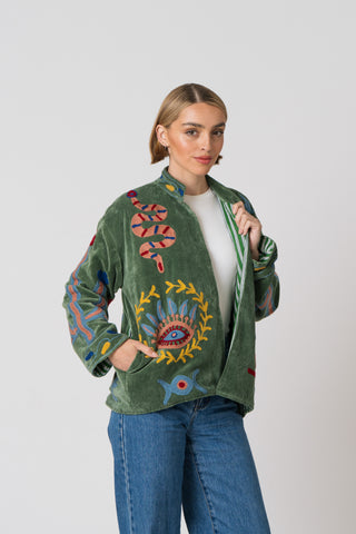 Embroidered Velvet Jacket - Green Snake