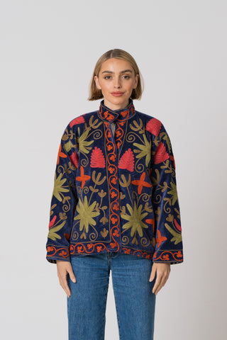 Embroidered Velvet Jacket - Blue Multi Pattern