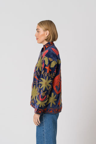 Embroidered Velvet Jacket - Blue Multi Pattern