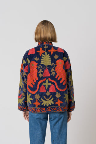 Embroidered Velvet Jacket - Blue Multi Pattern
