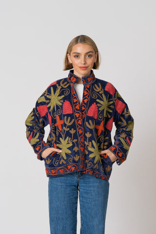 Embroidered Velvet Jacket - Blue Multi Pattern