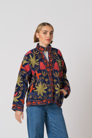 Embroidered Velvet Jacket - Blue Multi Pattern