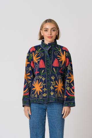 Embroidered Velvet Jacket - Blue Multi Pattern