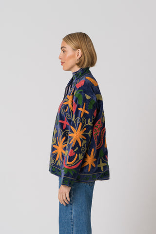 Embroidered Velvet Jacket - Blue Multi Pattern
