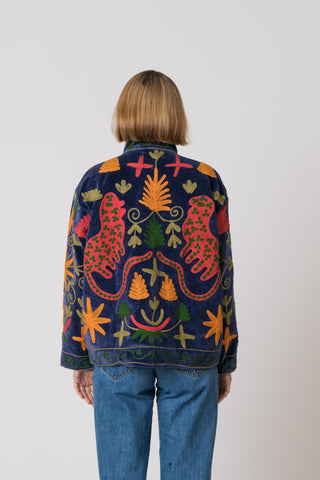Embroidered Velvet Jacket - Blue Multi Pattern