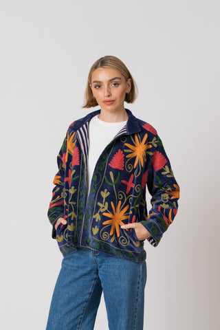 Embroidered Velvet Jacket - Blue Multi Pattern