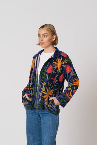 Embroidered Velvet Jacket - Blue Multi Pattern