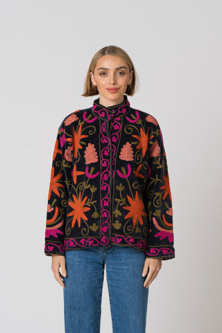 Embroidered Velvet Jacket - Black Multi Pattern
