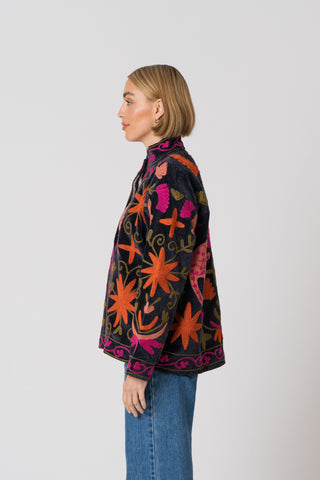Embroidered Velvet Jacket - Black Multi Pattern