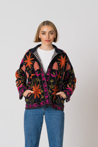 Embroidered Velvet Jacket - Black Multi Pattern