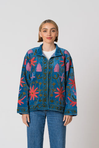 Embroidered Velvet Jacket - Blue Multi Pattern