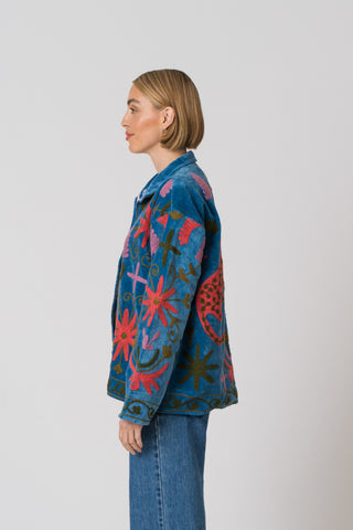 Embroidered Velvet Jacket - Blue Multi Pattern