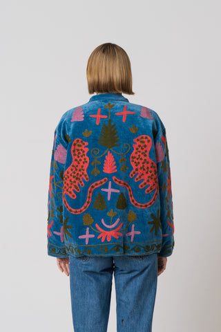 Embroidered Velvet Jacket - Blue Multi Pattern