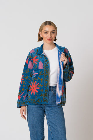 Embroidered Velvet Jacket - Blue Multi Pattern