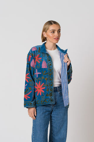 Embroidered Velvet Jacket - Blue Multi Pattern
