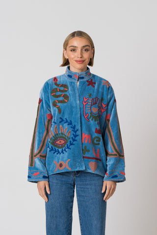 Embroidered Velvet Jacket - Blue Snake