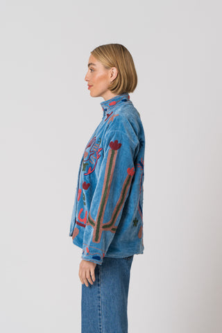 Embroidered Velvet Jacket - Blue Snake