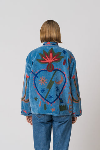 Embroidered Velvet Jacket - Blue Snake