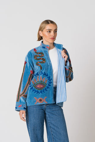 Embroidered Velvet Jacket - Blue Snake