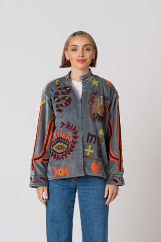 Embroidered Velvet Jacket -Grey Snake