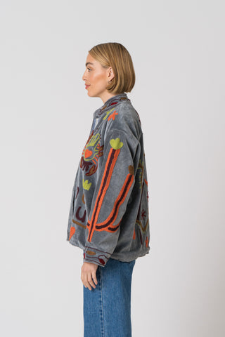 Embroidered Velvet Jacket -Grey Snake
