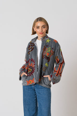 Embroidered Velvet Jacket -Grey Snake