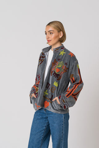Embroidered Velvet Jacket -Grey Snake