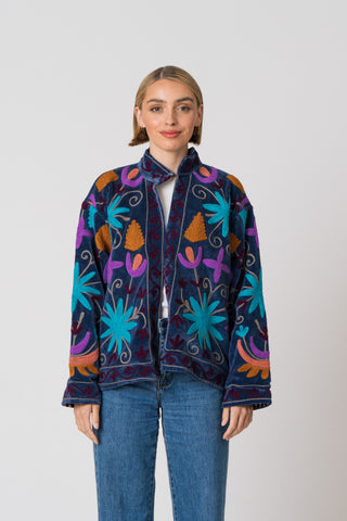 Embroidered Velvet Jacket - Blue Multi Pattern