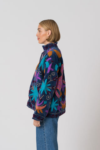 Embroidered Velvet Jacket - Blue Multi Pattern