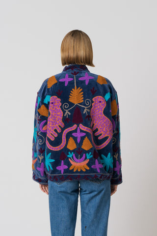 Embroidered Velvet Jacket - Blue Multi Pattern