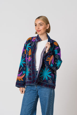 Embroidered Velvet Jacket - Blue Multi Pattern