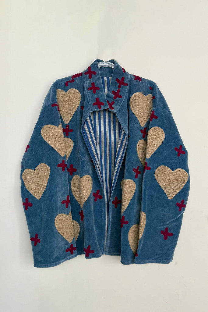 Embroidered Velvet Collared Jacket - Dusty Blue with Natural Heart & Red Cross
