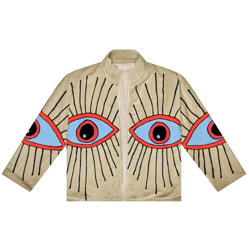 Embroidered Velvet Collared Jacket - Tan with Multi Eye
