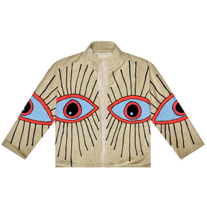 Embroidered Velvet Collared Jacket - Tan with Multi Eye