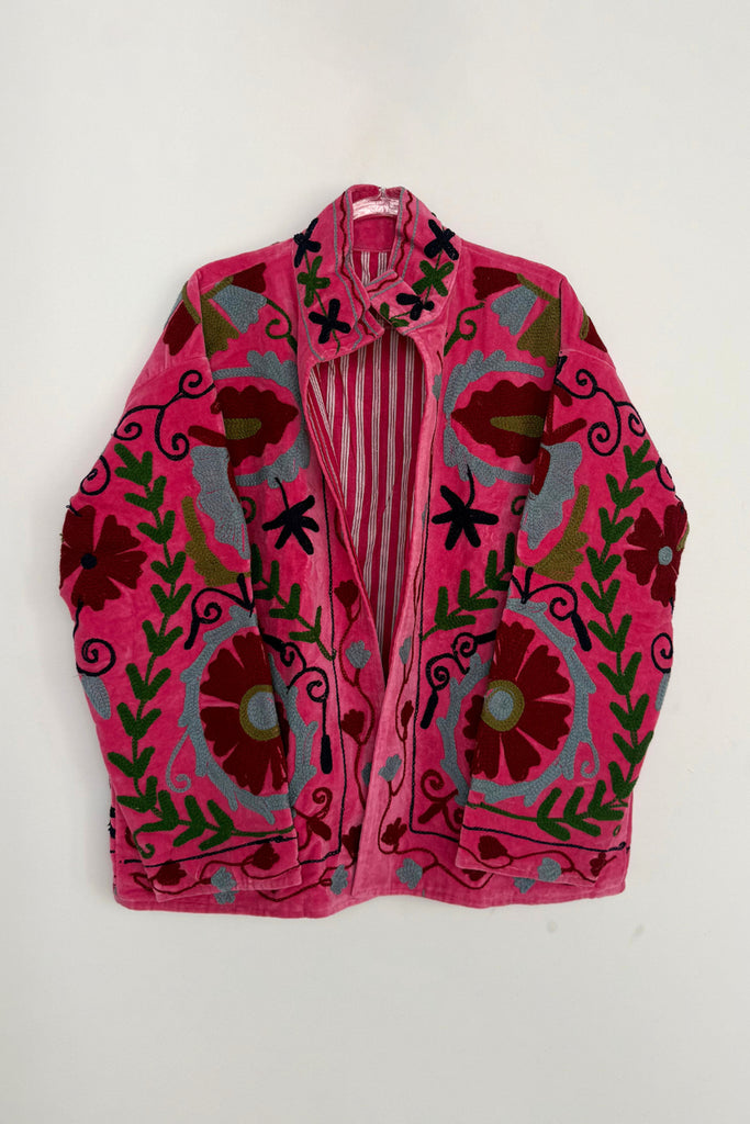 Embroidered Velvet Collared Jacket - Pink with Multi Floral