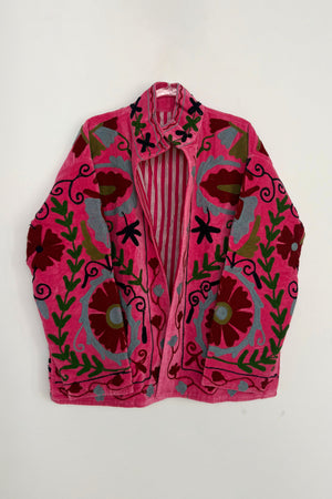 Embroidered Velvet Collared Jacket - Pink with Multi Floral