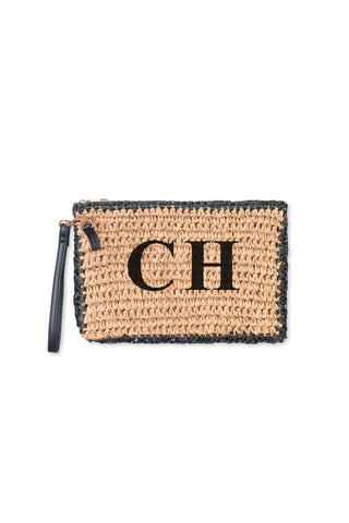 READY-TO-SHIP Personalised Raffia Clutch Black/Tan 'CH'