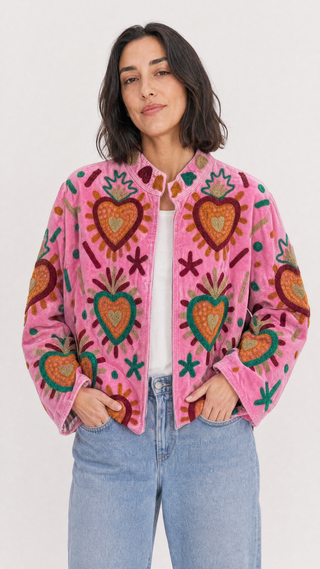 Embroidered Velvet Jacket - Hot Pink
