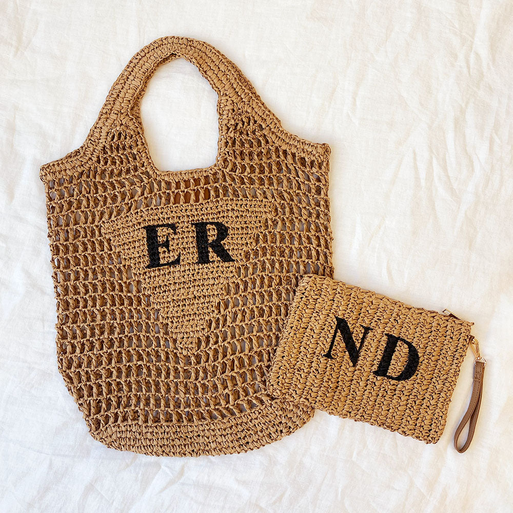 Personalised Raffia Bundle Bag & Clutch