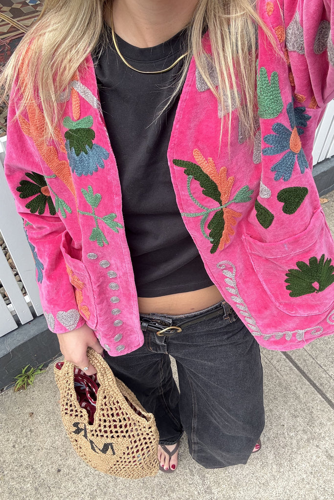 Embroidered Velvet Jacket - Bright Pink with Multi Pattern
